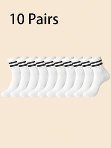 4 Pairs White Patterned Unisex Sports Socks, Mid-Calf Socks, Spring/Summer Holiday Gift, Autumn - White - View 8