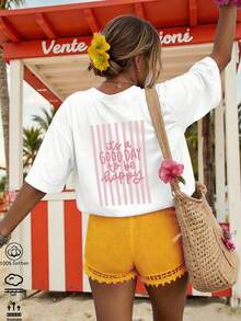 Chemise blanche décontractée à manches longues pour femmes avec un col rond et l'impression "C'est une bonne journée pour être heureux", épaules tombantes, parfaite pour le - Noir - Voir 9