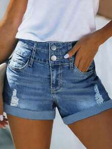 New Women's Two-Button Waist Mid-Rise Slim Fit Washed Denim Shorts - Dark Wash - View 2