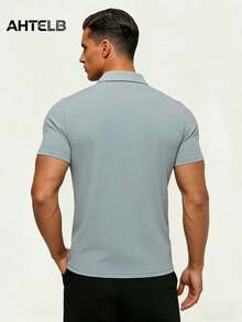 AHTELB 男士夏季短袖T恤，商务休闲轻薄透气纯色Polo衫，健身服 - 灰色 - 查看 3