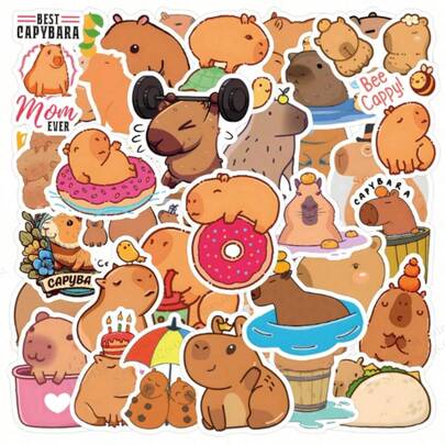 60pcs Random Cartoon Capybara Doodle Stickers, DIY Skateboard Luggage Phone Decorative Stickers