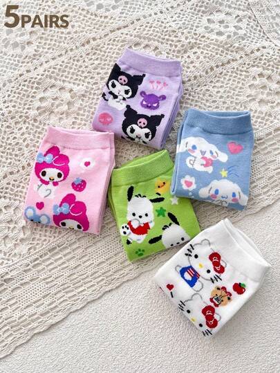 SANRIO 5 Pairs Cartoon Pattern Ankle Socks (Random Assorted Delivery), Interesting And Colorful Anime Cartoon Design, Comfortable And Breathable, Suitable For Women, Holiday Gift