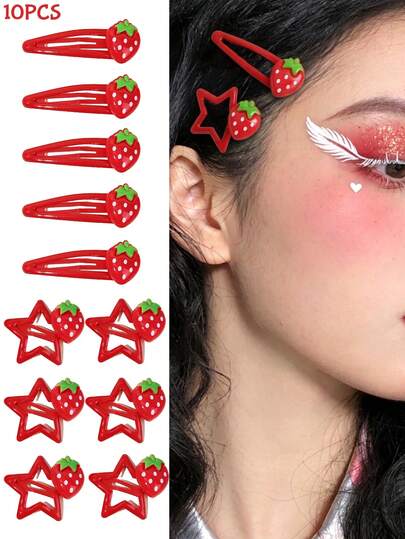 10 Pcs Women's Y2K Star BB Clip Hair Accessories Set, Red Hair Clip Strawberry Snap Clips, Cute Hair Accessories Suitable For Spring & Summer Daily Wear, Travel, Parties, Women's Sweet Hair Ornaments.