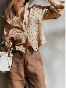 Solid Color Embroidered Ruffle Tie Front Vacation Blouse Summer - Camel - View 6
