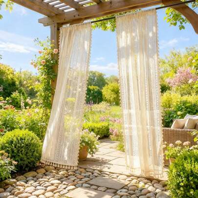 2 paneles de cortina transparente con estilo bohemio, diseño decorativo a juego, transpirable para primavera/verano, adecuado para patio, cenador, balcón, boda al aire libre