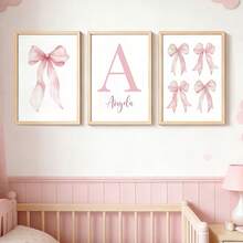 3pcs Personalized Pink Ribbon Wall Art Poster Customized Name Children's Room Decor Inkjet Painting Pink Bow Sweet Style Modern Cute Hanging Picture Minimalist Apartment Bedroom Living Room Decor Baby Girl Birthday Gift Unframed - Pink - View 19
