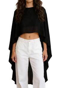 Women Chiffon Long Cape High Low Flowy Poncho Sheer Mesh Shawl And Wraps Capelets Bridal Wedding Evening - Black - View 3
