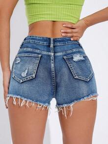 Ripped Raw Trim Denim Shorts Y2k - 中度洗滌 2 - 查看 9