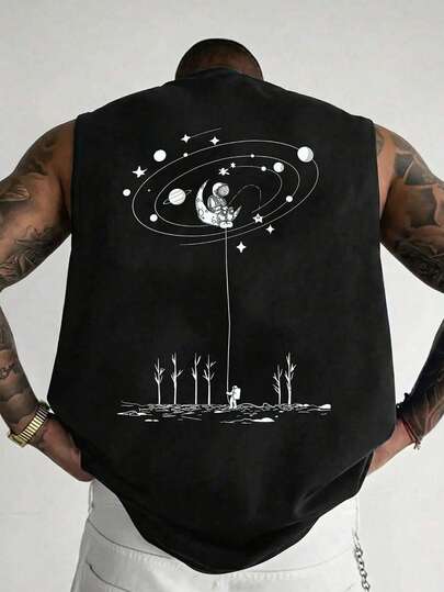 1 chiếc áo tank top nam mùa hè, không tay, cổ tròn, in họa tiết, thích hợp cho thể thao, tập thể dục và mặc hàng ngày.