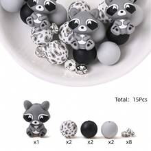 15pcs Animal Silicone Bead Set, Colorful 3D Raccoon/Owl/Wolf/Squirrel Shaped Beads With Printed Round Beads, Suitable For Animal Lovers DIY Jewelry Making Bracelets Necklaces Keychains Phone Charms And Craft Projects - Multicolor - View 12