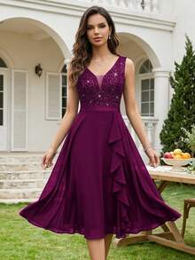 MIUSOL Deep V-Neck Sequin Lace Ruffle Hem Chiffon Ballgown Wedding Party - Maroon - View 5