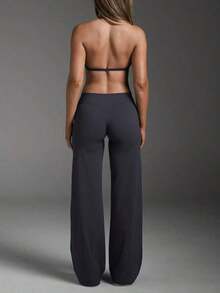 Pantalones acampanados ajustados de unicolor elegantes y modernos para el trabajo y el deporte para mujer, primavera - Gris Oscuro - Ver 9