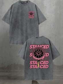 Handmade With Love Handmade With Love Vintage Style Dark Gray Stanced T Shirt Casual Streetwear Distressed Look Short Sleeve Relaxed Fit With Pink Logo And Car Wheel Graphic Camiseta Elegant  Mujer Motif Women Clothes Camiseta Elegant  Mujer Motif Women Clothes - 灰色 - 查看 1