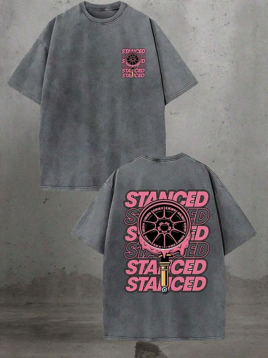 Handmade With Love Handmade With Love Vintage Style Dark Gray Stanced T Shirt Casual Streetwear Distressed Look Short Sleeve Relaxed Fit With Pink Logo And Car Wheel Graphic Camiseta Elegant  Mujer Motif Women Clothes Camiseta Elegant  Mujer Motif Women Clothes - 灰色 - 查看 1