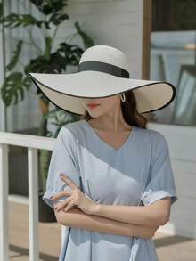 1 chiếc mũ rơm viền đen dáng rộng ngẫu nhiên dành cho nữ, mũ che nắng đi biển, du lịch mùa xuân/hè. - Nhiều màu - Xem 3