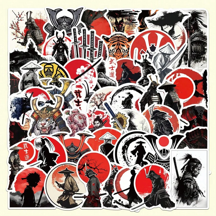 Conjunto de 50 adesivos de samurais em preto e vermelho para decoração DIY em celulares, malas e cadernos. - cor - Ver 1