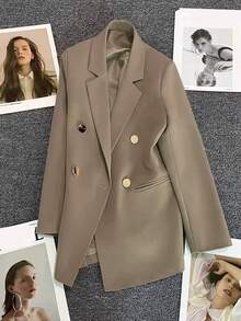 Nueva chaqueta blazer personalizada de primavera para mujer. Esta chaqueta blazer clásica y soleada con solapa muescada también se puede usar en otoño. Adecuada para citas, fiestas, bodas y otras ocasiones formales. - Caqui - Ver 6