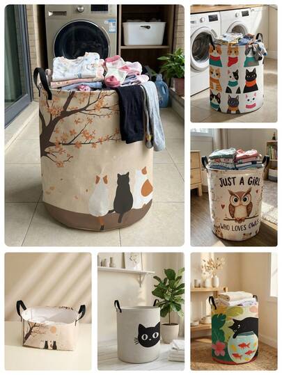 1个卡通猫咪印花可折叠大容量圆形收纳篮，带提手，多用途收纳箱，适用于婴儿房、尿布、衣物、玩具等收纳，可折叠收纳盒