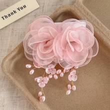 2PC Pink Mesh Flower High-End Forest Style Tassel Niche Women's Earrings - 粉色 - 查看 5