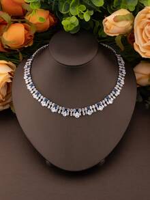 一套奢华优雅的立方氧化锆花卉设计首饰套装，包括1对耳环、1条项链、1条手链、1枚戒指，适合婚礼派对佩戴（不含礼盒） - 藍色 - 查看 4