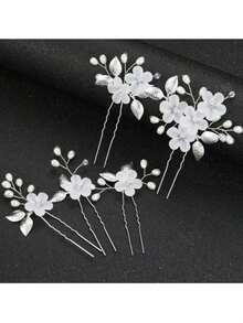 Bộ 5 chiếc kẹp tóc hình hoa mai đính kim cương dành cho nữ, phụ kiện tóc cưới cô dâu. - Bạc - Xem 3