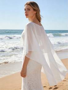 1pc Short Chiffon Bridal Cape, Women Pullover Shawl To Pair With Dress And Vest Fall Clothes For Women - White - View 7