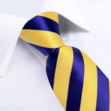 Bộ cà vạt sọc vàng và xanh dương dành cho nam - Bao gồm khăn cài túi áo, khuy măng sét và kẹp cà vạt vàng, cà vạt công sở trang trọng thời trang. - Màu vàng - Xem 5