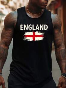Men's England Flag Muscle Shirt - Distressed Print Athletic Tank Top, Breathable Sleeveless Gym Wear Suitable For Workout, Casual Outfits & Year-Round Use, Machine Washable Regular Fit Round Neck Muscle Display Top - màu đen - Xem 2