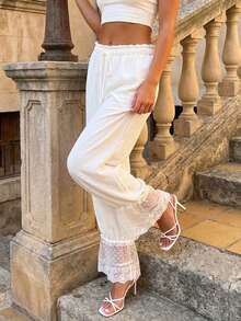 Women Linen Lace Trim Long Bloomers Pants Ruffle Victorian Vintage Pantaloons Summer Beach Travel Vacation Pants - 白色 - 查看 5