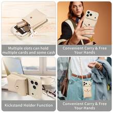 适用于 17 Pro Max/17/AIR/17 Pro/17E/16/15/14/13/12/11 Pro Max/Plus/Mini/7/8 Plus/X/XS/XR/XS MAX 系列的多功能手机壳，配有斜挎肩带、卡槽、零钱袋、耳机孔、珍珠链，防摔，保护镜头。 - 米色 - 查看 4