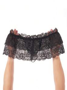 1件男士性感蕾丝薄纱多层喇叭丁字裤，透视派对三角裤 - 黑色 - 查看 1