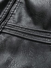 Men's Solid Color Stand Collar Leather Jacket, Fashion - 黑色 - 查看 7
