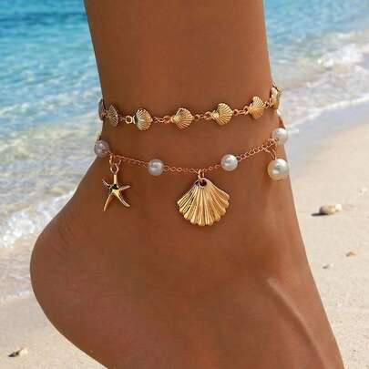 2pcs/Set Summer Ocean Style Handmade Chain Anklet, Fashion Beach Holiday Faux Pearl Gold Shell Starfish Pendant Foot Jewelry Anklet, Suitable For Daily Wear, Beach Party, Music Festival. Handmade Chain Can Be Cut To Length, Faux Pearl & Shell Quantity Varies Randomly.