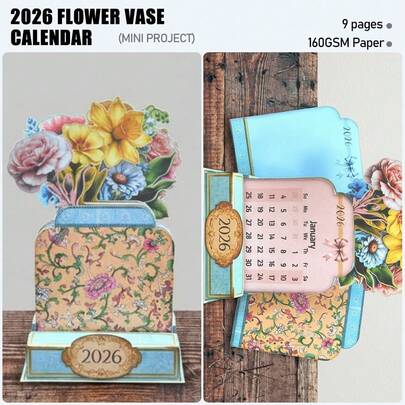 2026年花瓶桌面日历创意手账套装，含带支架的花卉月历，小册子制作套装，翻页套装，创意手账制作套装，剪贴簿礼物，创意手账用品，剪贴簿装饰，手账装饰，手工项目装饰——包含视频教程