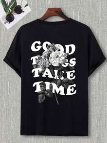 Hombres Camiseta de hombros caídos con estampado floral con sloganTee - Negro - Ver 2