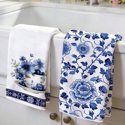 2pcs Kitchen Towels, Blue & White Porcelain Floral Pattern Super Soft Microfiber Kitchen Towels, 40*60cm/15.7*23.6in, Single-Sided Print, Dish Cloths For Kitchen, Restaurant, Bathroom Decor, Holiday Gift