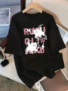 Women's Vintage Japanese Style T-Shirt, Loose Fit, Crew Neck, Letter And Cartoon Cat Print, For Spring And Summer, White - 黑色 - 查看 4