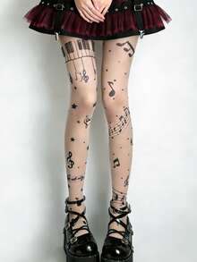 1 đôi tất nữ mùa xuân hè in hình nốt nhạc và bàn phím piano, chất liệu nylon co giãn, điểm nhấn ngôi sao, phong cách Gothic Punk Y2K, phù hợp mặc hàng ngày và dự lễ hội âm nhạc. - Nhiều màu - Xem 9