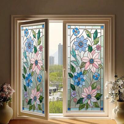 1/7 piezas Película de ventana con patrón floral colorido estilo retro, película de privacidad con adsorción electrostática sin residuos de PVC reutilizable, adecuada para dormitorios, baños, oficinas, tiendas y otros lugares.
