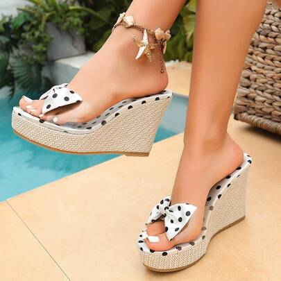 Giày sandal đế xuồng mới cho nữ, sandal cao gót hở mũi mùa hè thoải mái, đế dày, thanh lịch, thắt nơ, sandal đế xuồng hở mũi gợi cảm đa năng dành cho phái đẹp