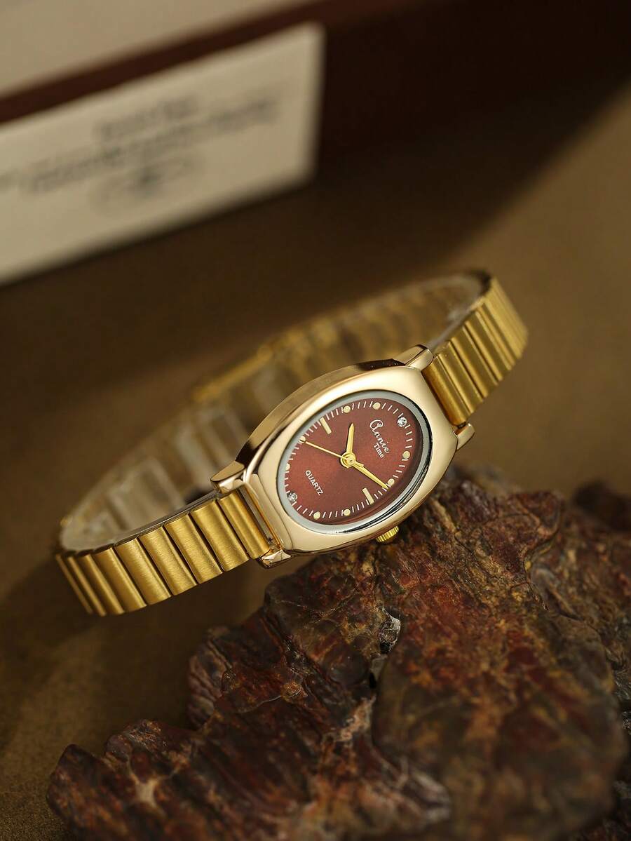 Reloj de cuarzo ovalado para niña, de moda y elegante, adecuado para combinar a diario como regalo de cumpleaños/graduación/vuelta al colegio - Dorado - Ver 1