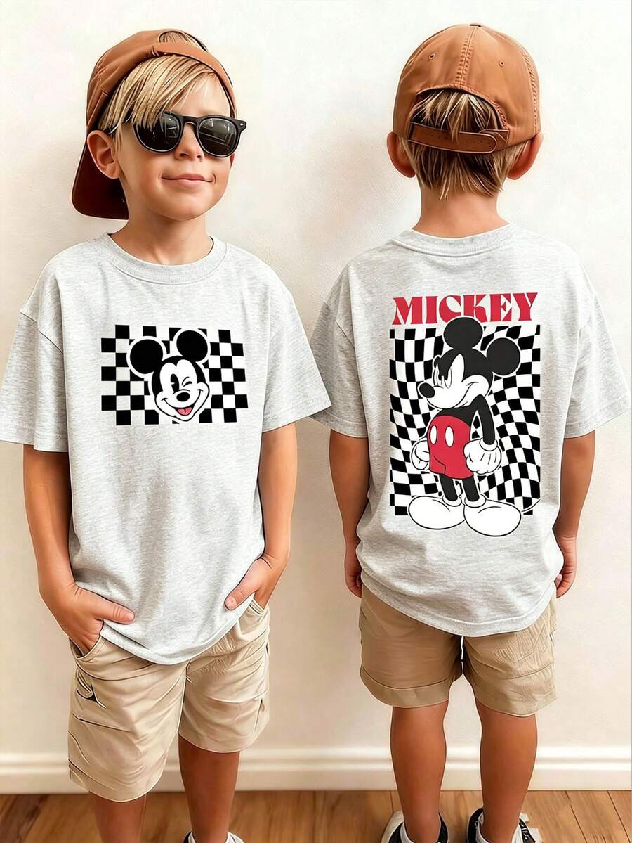 Disney Mickey Mouse, Cartoon Element Printed Casual Simple Short Sleeved T-Shirt, Suitable For Spring And Summer Wear, Suitable For Both Boys And Girls, Suitable For Both Men And Women. Holiday Gifts. - Xám - Xem 1