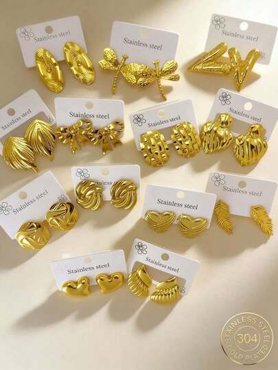 20件/套 - 不锈钢不对称多元素耳环套装，不褪色耳环，优雅风格，适合女性日常佩戴及作为礼物（随机发货）