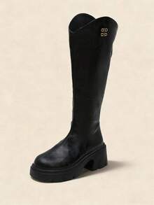 Bally V-Cut Tall Elastic Boots, Thick Sole, Thermal Lining, Slimming Riding Boots For Winter - Black - View 2