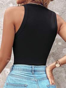 ChicMe Women Round Neck Sleeveless Basic Shirt Ribbed Tank Top Casual Layering Daily Streetwear Black Summer - Black - View 2