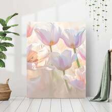 1 Póster de Lienzo Moderno 2D Plano - Tulipanes en Tonos Suaves Rosa, Blanco y Verde - Decoración Minimalista para Sala, Dormitorio u Oficina - Regalo Ideal para Inauguraciones, Bodas o Navidad - Impresión de Alta Calidad, Arte Enmarcado en Lienzo Envuelto - Decoración Navideña - Enmarcado - Ver 2