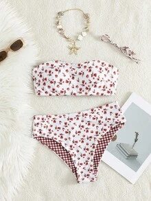 Bikini floral best-seller d'été, maillot de bain 2 pièces taille haute pour femmes, rose et blanc, doux et mignon, ajusté, convient pour la plage et les vacances à la piscine - Fond blanc - Voir 1