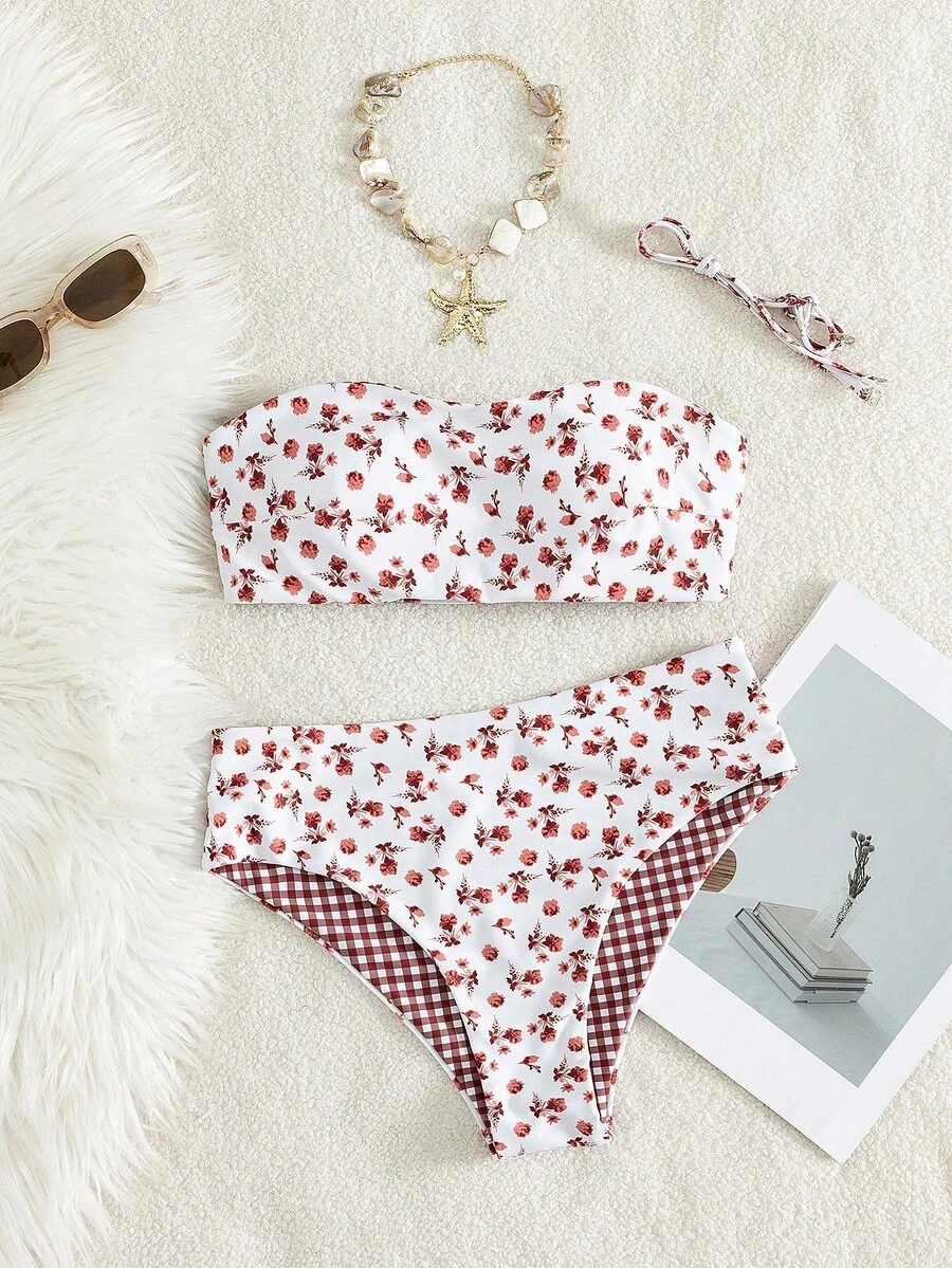 Bikini floral best-seller d'été, maillot de bain 2 pièces taille haute pour femmes, rose et blanc, doux et mignon, ajusté, convient pour la plage et les vacances à la piscine - Fond blanc - Voir 1