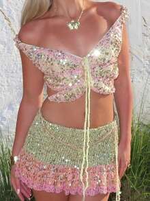 Y2K Women's 3D Butterfly Sequin Crop Top, Off Shoulder Cut Out Tie Front Glitter Top For Festival Rave Vacation - 淺綠 - 查看 3