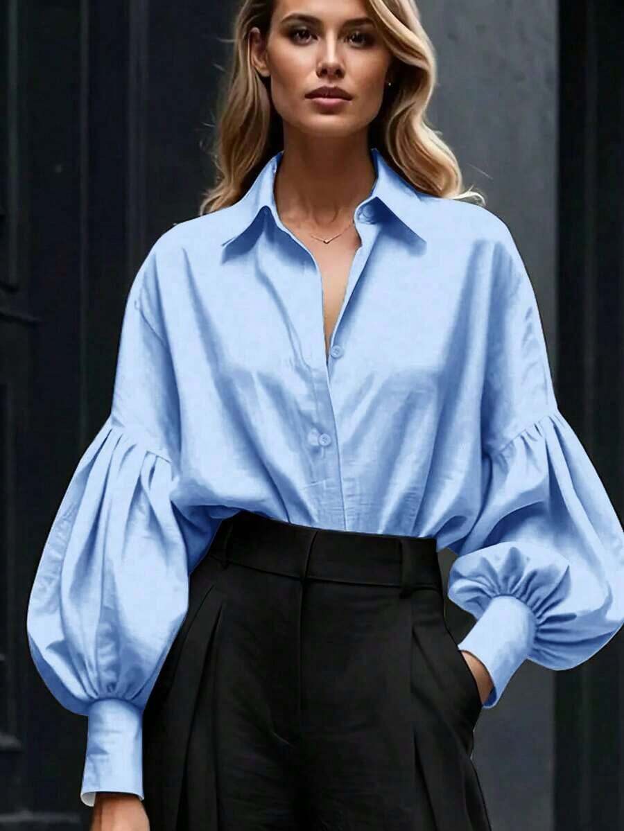 Women's Elegant Blue Shirt - Classic Long Sleeve Puff Sleeve, Suitable Office, Casual, Formal Occasions, Spring/Summer/Autumn - trắng - Xem 1